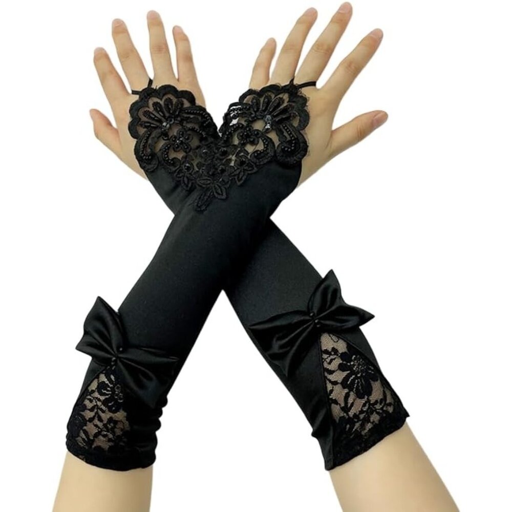 Women's A-B-Black Fingerless Satin Long Evening Gloves Wedding Party Costumes